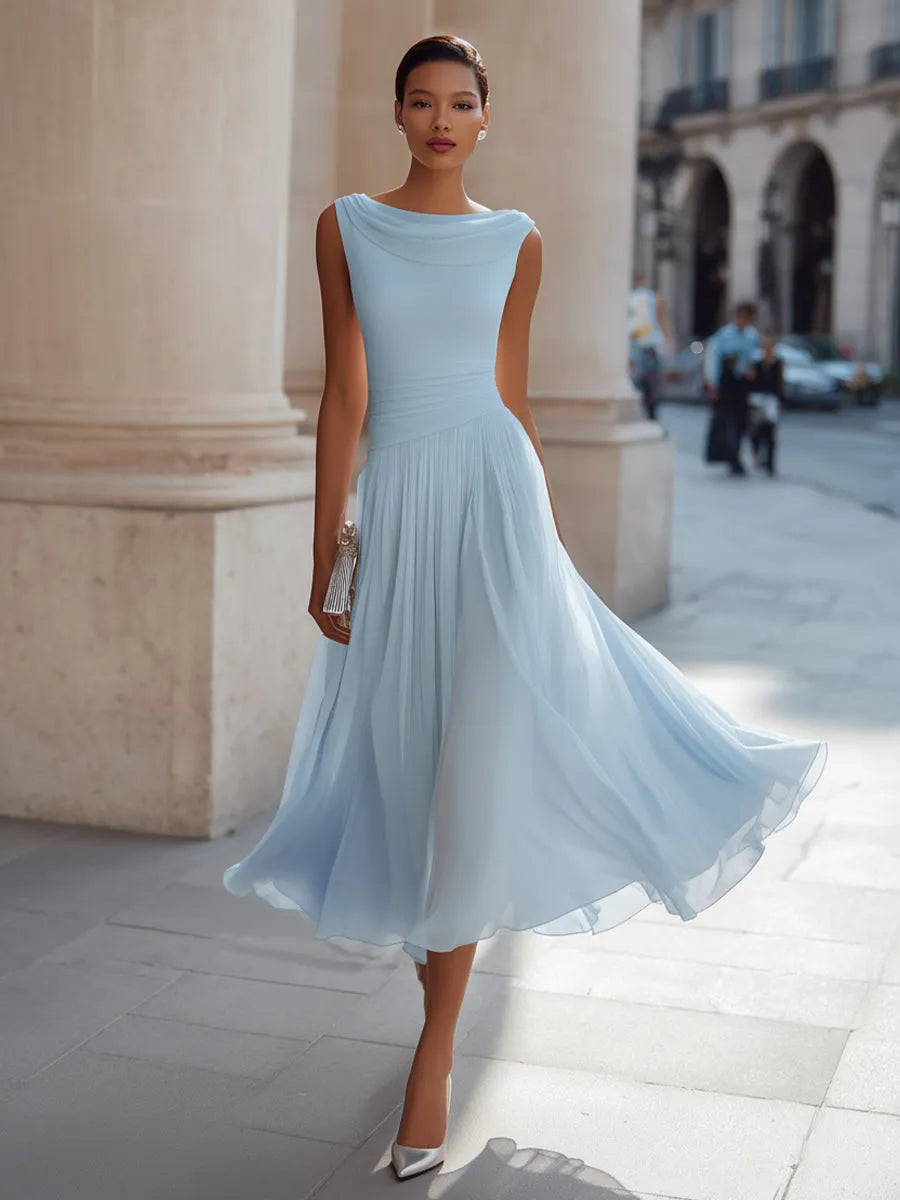 Women's Formal Pleated Midi Wedding Guest Dress with Cowl Neck