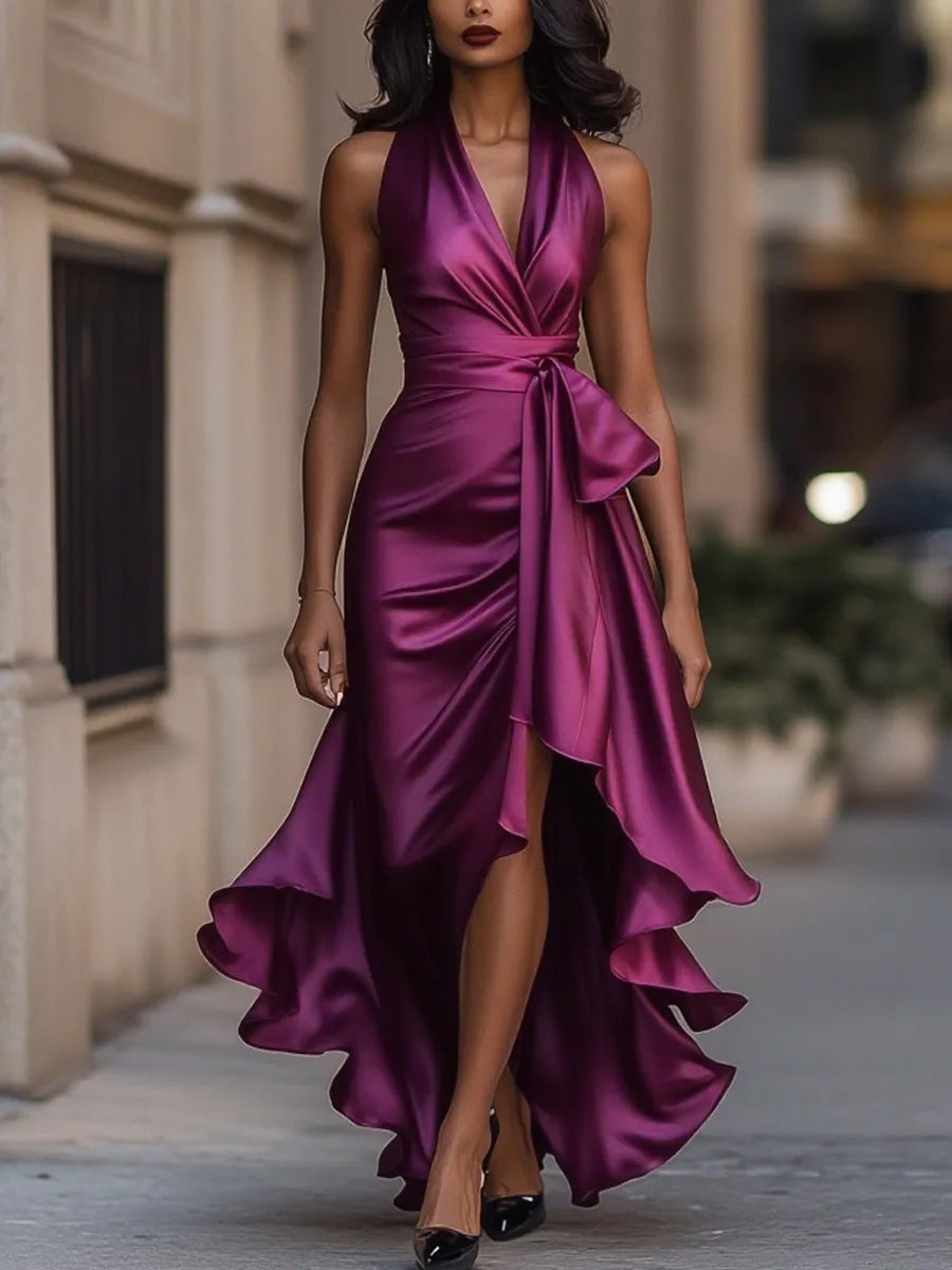Women's Formal Ruffle Maxi Wedding Guest Dress with Halter Neck