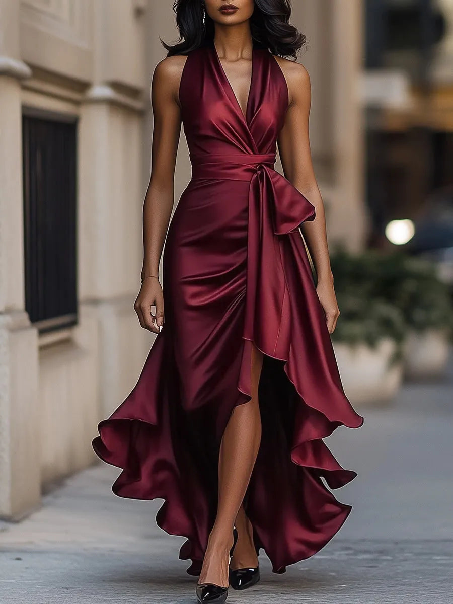 Women's Formal Ruffle Maxi Wedding Guest Dress with Halter Neck