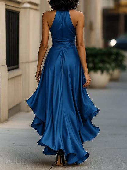 Women's Formal Ruffle Maxi Wedding Guest Dress with Halter Neck