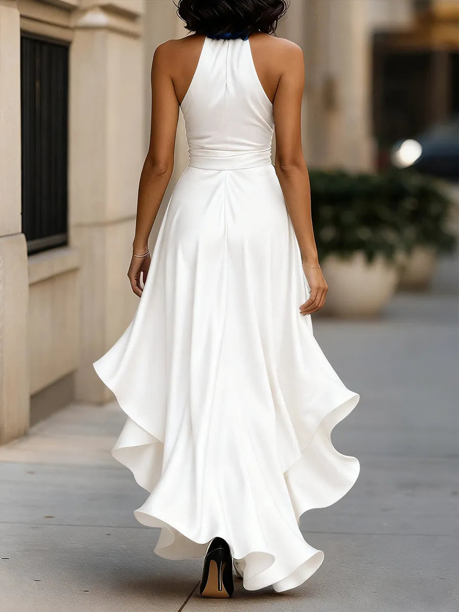 Women's Formal Ruffle Maxi Wedding Guest Dress with Halter Neck