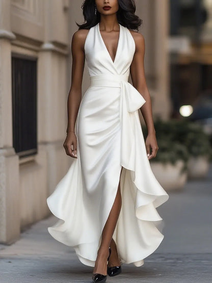 Women's Formal Ruffle Maxi Wedding Guest Dress with Halter Neck