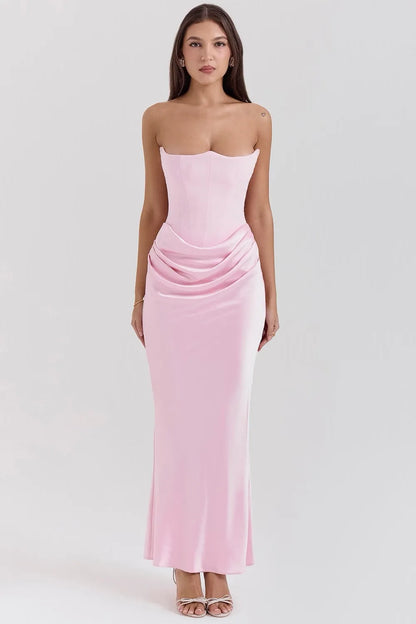 Women's Formal Strapless Maxi Wedding Guest Dress with Draped Detail