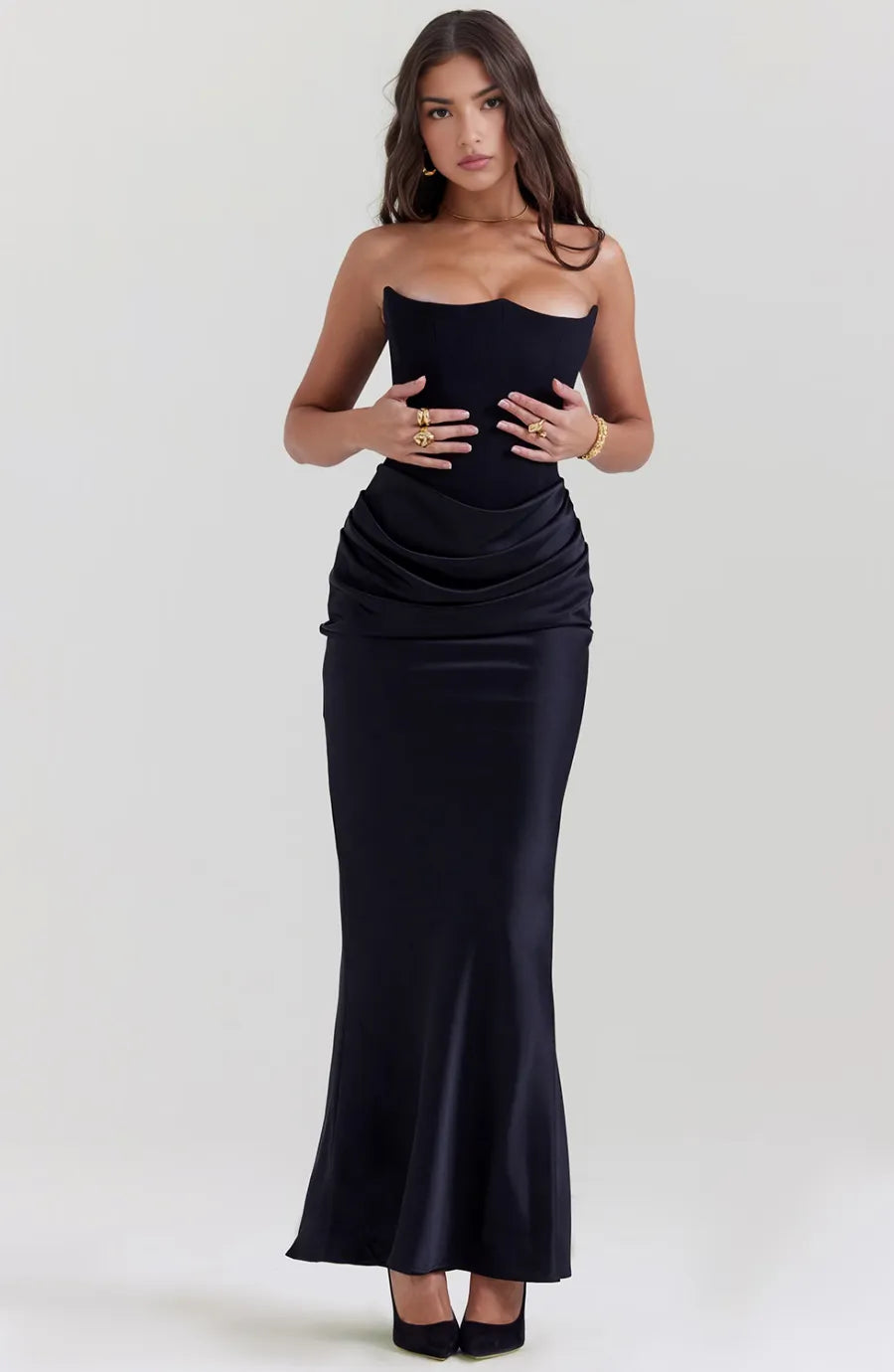 Women's Formal Strapless Maxi Wedding Guest Dress with Draped Detail