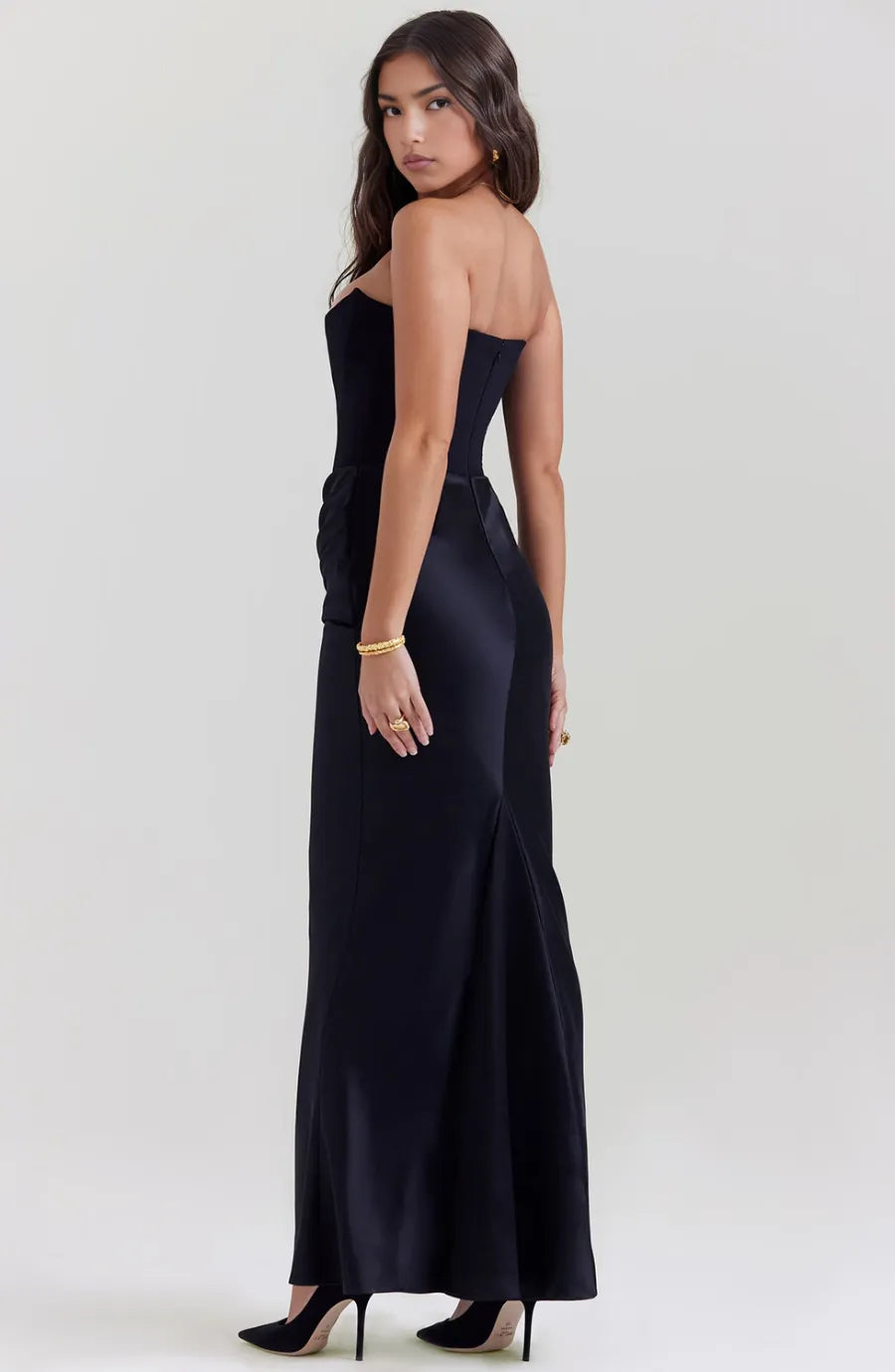 Women's Formal Strapless Maxi Wedding Guest Dress with Draped Detail