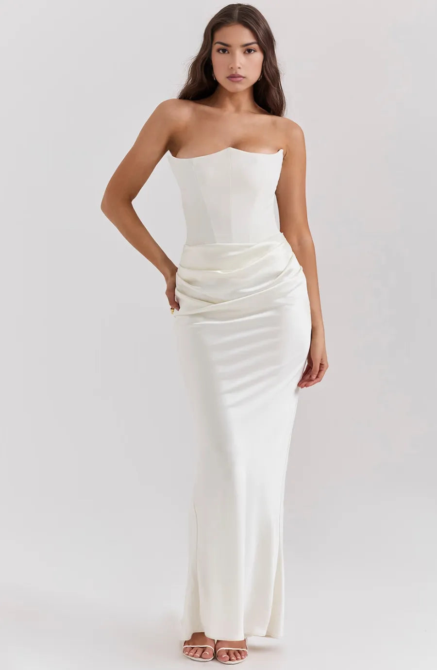 Women's Formal Strapless Maxi Wedding Guest Dress with Draped Detail