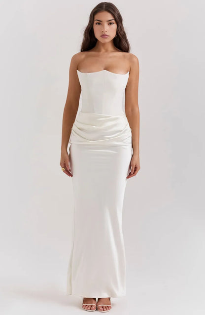 Women's Formal Strapless Maxi Wedding Guest Dress with Draped Detail