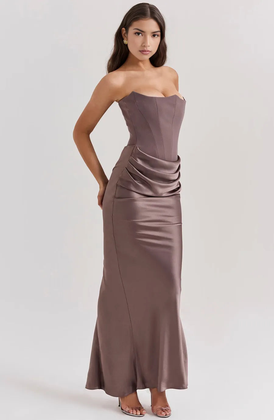 Women's Formal Strapless Maxi Wedding Guest Dress with Draped Detail
