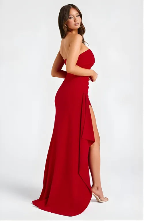 Women's Formal Strapless Maxi Wedding Guest Dress with Slit