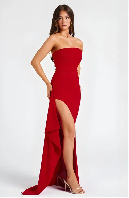 Women's Formal Strapless Maxi Wedding Guest Dress with Slit