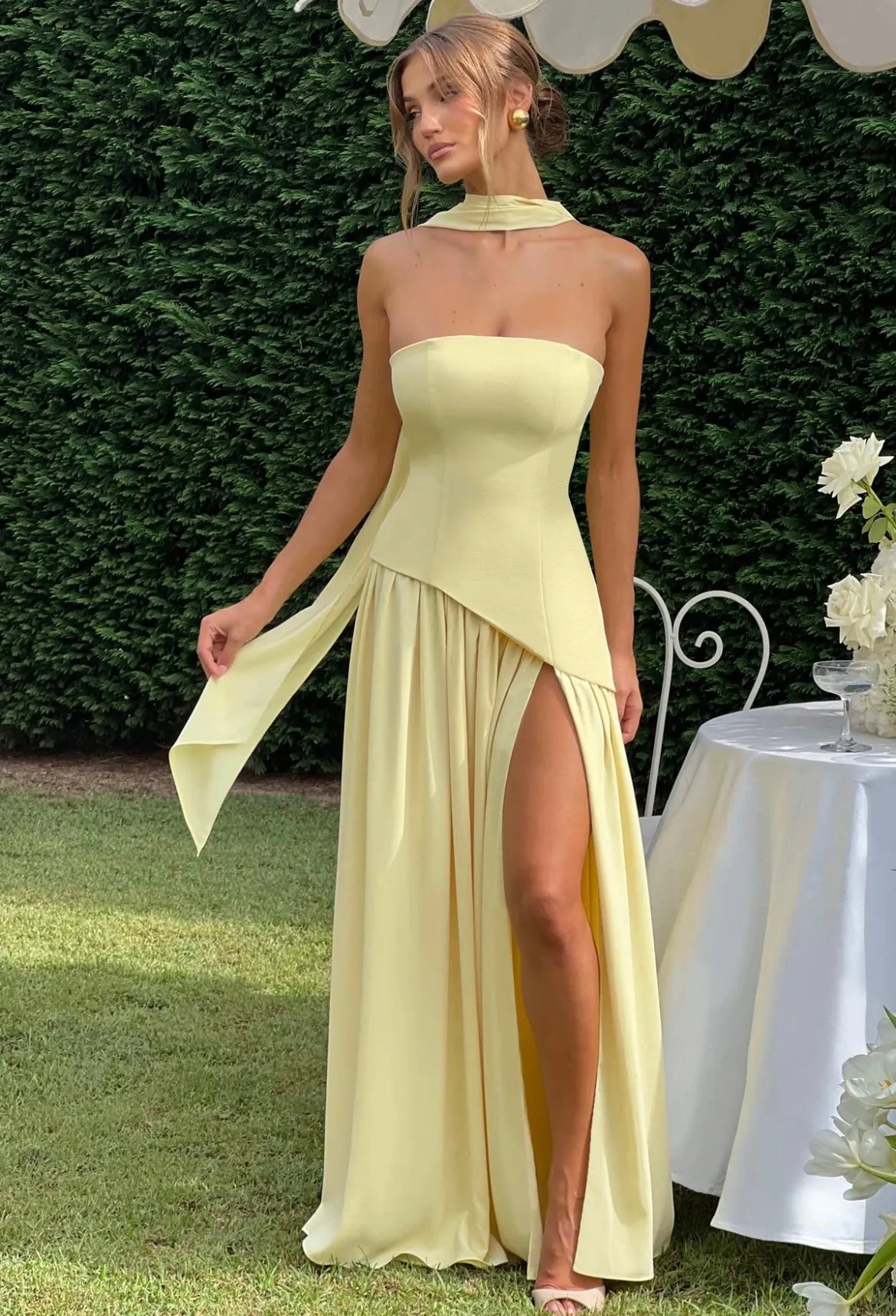Women’s Formal Strapless Maxi Wedding Guest Dress with Slit