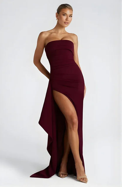 Women's Formal Strapless Maxi Wedding Guest Dress with Slit