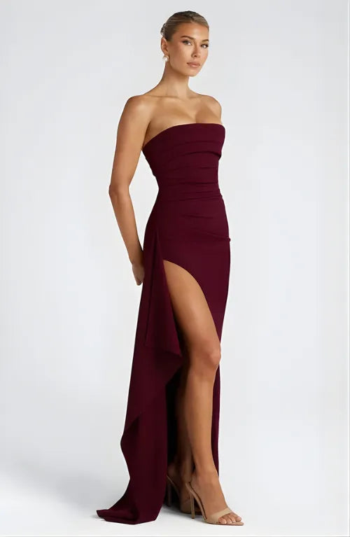 Women's Formal Strapless Maxi Wedding Guest Dress with Slit