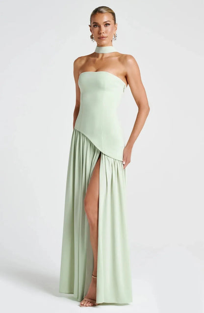 Women’s Formal Strapless Maxi Wedding Guest Dress with Slit