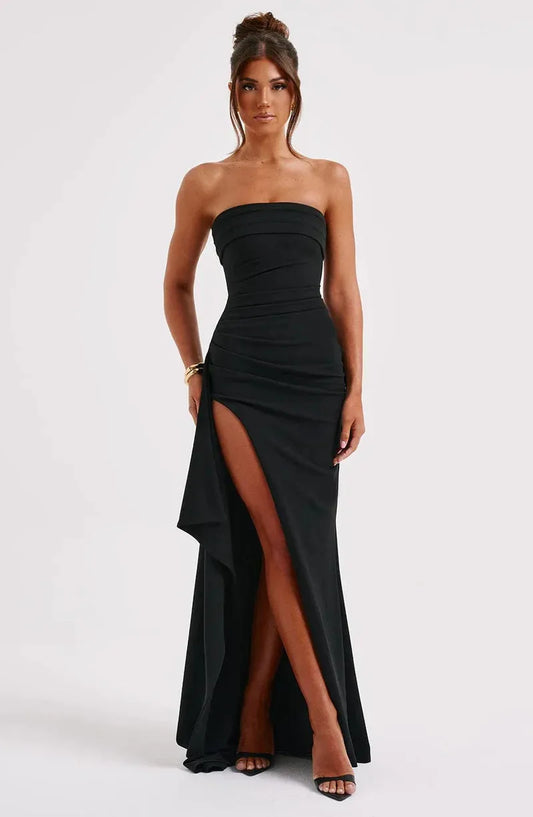 Women's Formal Strapless Maxi Wedding Guest Dress with Slit