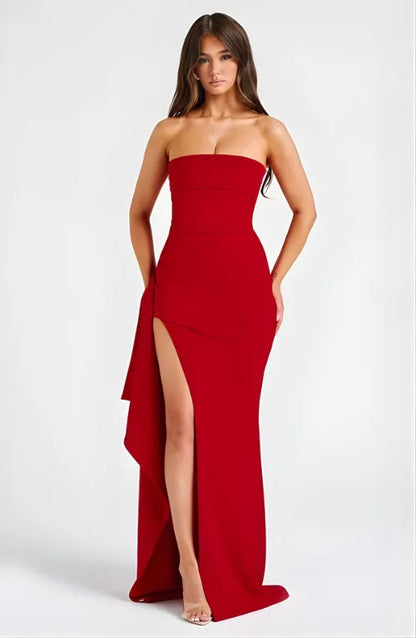 Women's Formal Strapless Maxi Wedding Guest Dress with Slit