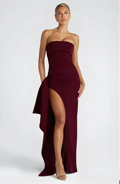 Women's Formal Strapless Maxi Wedding Guest Dress with Slit