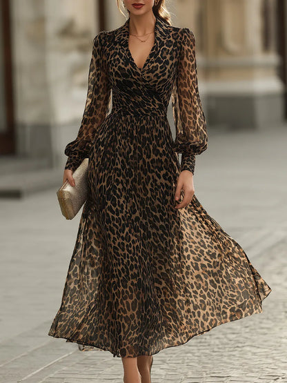 Women’s Leopard Print Long Sleeve Midi Cocktail Dress with V-Neck