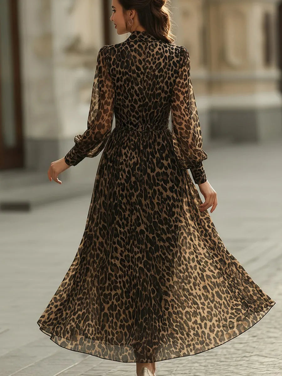 Women’s Leopard Print Long Sleeve Midi Cocktail Dress with V-Neck