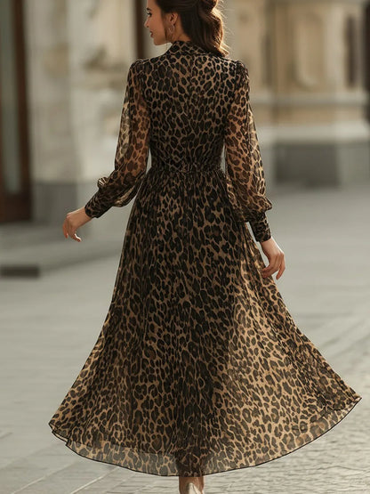 Women’s Leopard Print Long Sleeve Midi Cocktail Dress with V-Neck