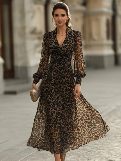 Women’s Leopard Print Long Sleeve Midi Cocktail Dress with V-Neck