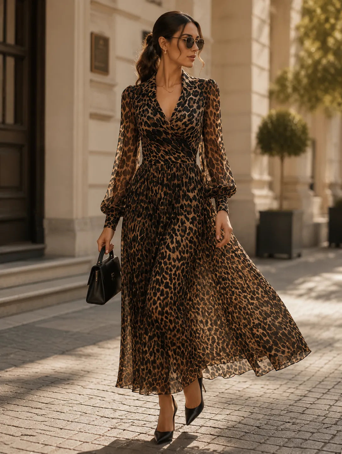 Women’s Leopard Print Long Sleeve Midi Cocktail Dress with V-Neck