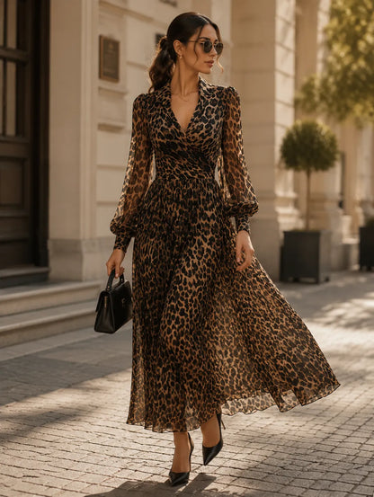 Women’s Leopard Print Long Sleeve Midi Cocktail Dress with V-Neck