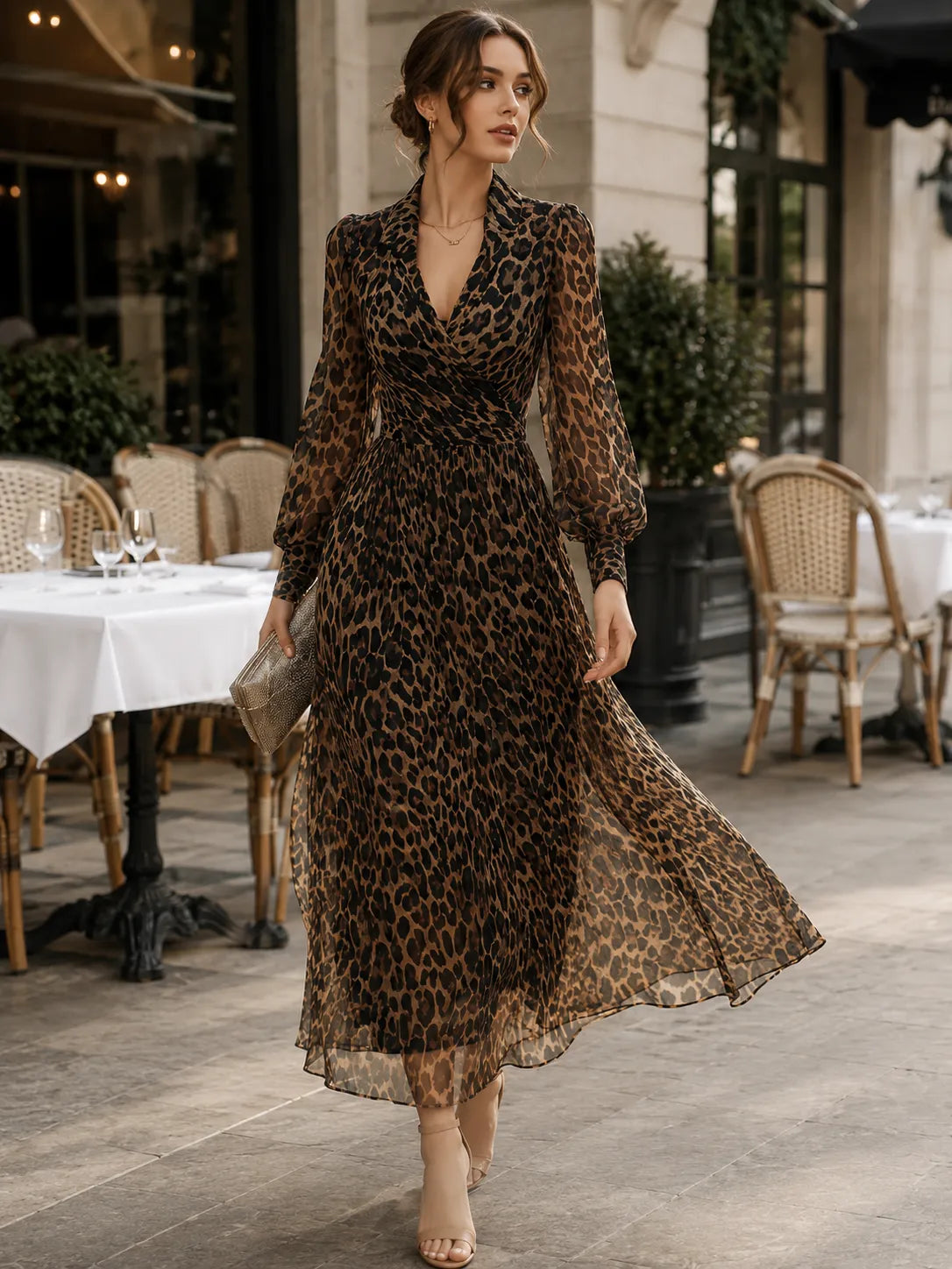 Women’s Leopard Print Long Sleeve Midi Cocktail Dress with V-Neck