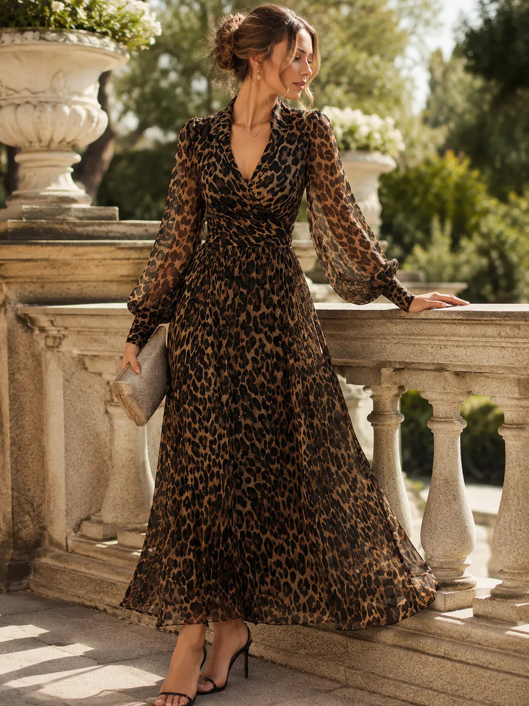 Women’s Leopard Print Long Sleeve Midi Cocktail Dress with V-Neck