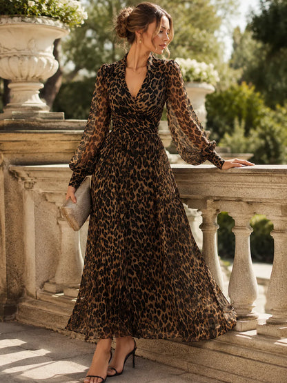 Women’s Leopard Print Long Sleeve Midi Cocktail Dress with V-Neck