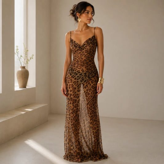 Women's Leopard Print Sheer Maxi Slip Dress with Cowl Neck