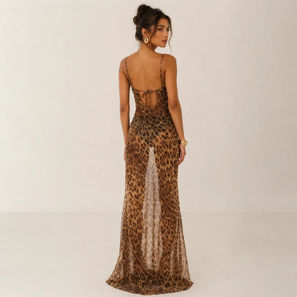 Women's Leopard Print Sheer Maxi Slip Dress with Cowl Neck