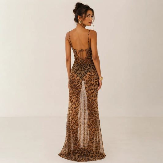 Women's Leopard Print Sheer Maxi Slip Dress with Cowl Neck
