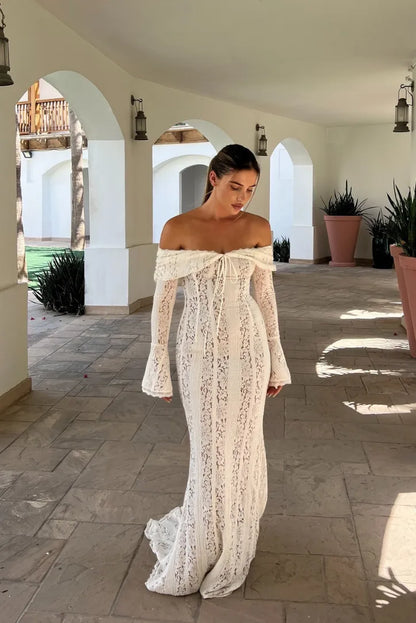 Women’s Long Sleeve Elegant Maxi Wedding Guest Dress with Bardot Neckline