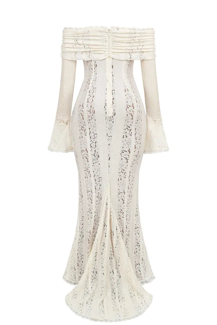 Women’s Long Sleeve Elegant Maxi Wedding Guest Dress with Bardot Neckline