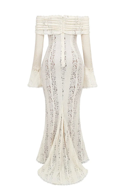 Women’s Long Sleeve Elegant Maxi Wedding Guest Dress with Bardot Neckline