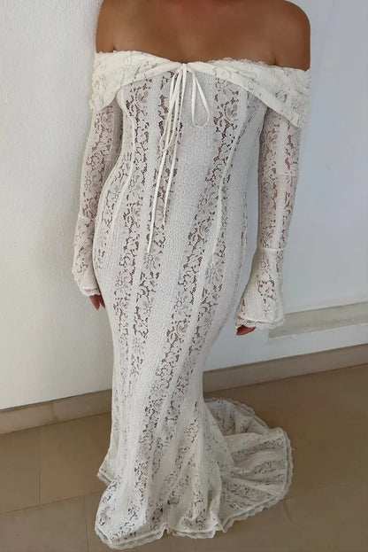 Women’s Long Sleeve Elegant Maxi Wedding Guest Dress with Bardot Neckline