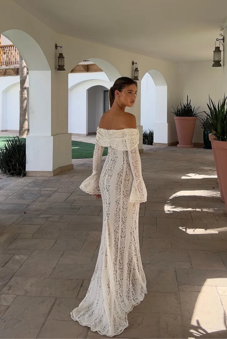 Women’s Long Sleeve Elegant Maxi Wedding Guest Dress with Bardot Neckline