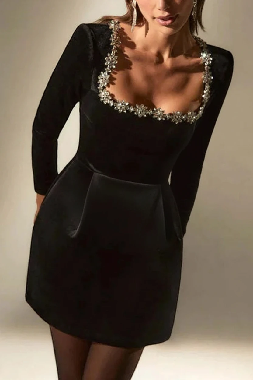 Women’s Long Sleeve Embellished Mini Cocktail Dress with Square Neck