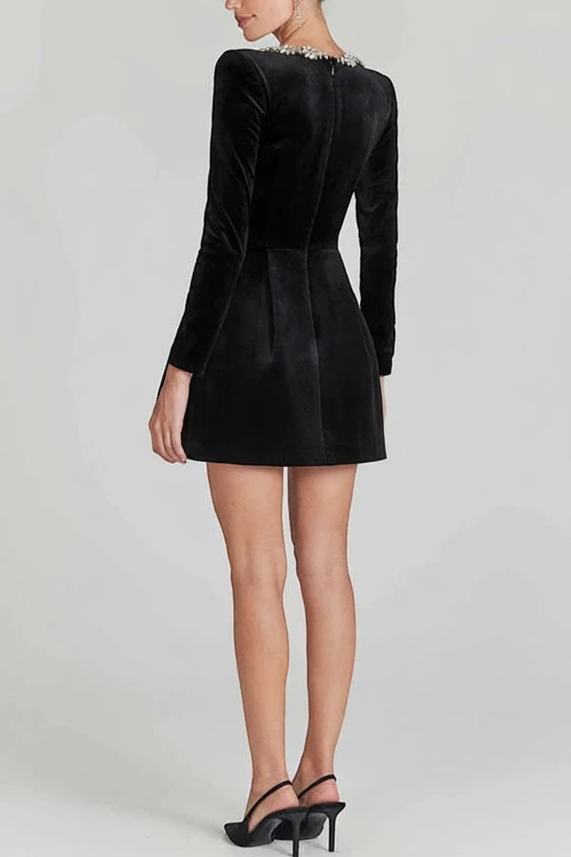 Women’s Long Sleeve Embellished Mini Cocktail Dress with Square Neck