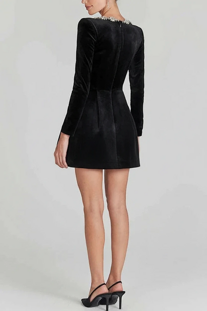 Women’s Long Sleeve Embellished Mini Cocktail Dress with Square Neck