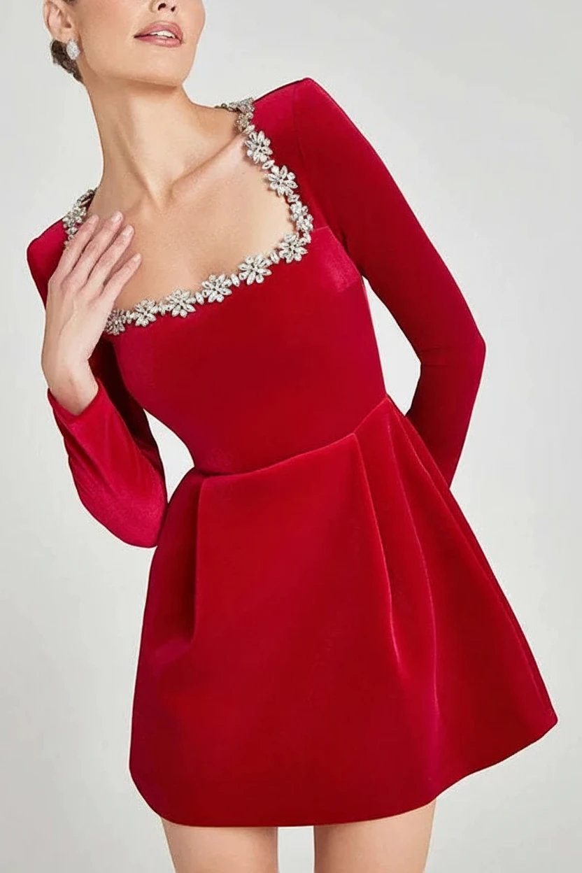Women’s Long Sleeve Embellished Mini Cocktail Dress with Square Neck