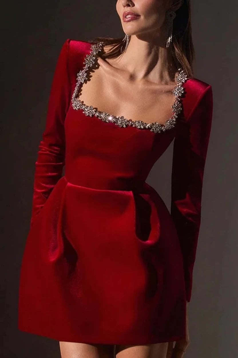 Women’s Long Sleeve Embellished Mini Cocktail Dress with Square Neck