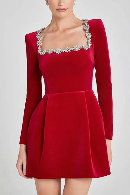 Women’s Long Sleeve Embellished Mini Cocktail Dress with Square Neck