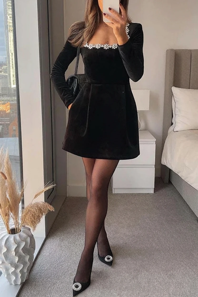 Women’s Long Sleeve Embellished Mini Cocktail Dress with Square Neck
