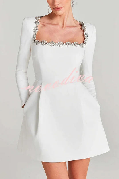 Women’s Long Sleeve Embellished Mini Cocktail Dress with Square Neck