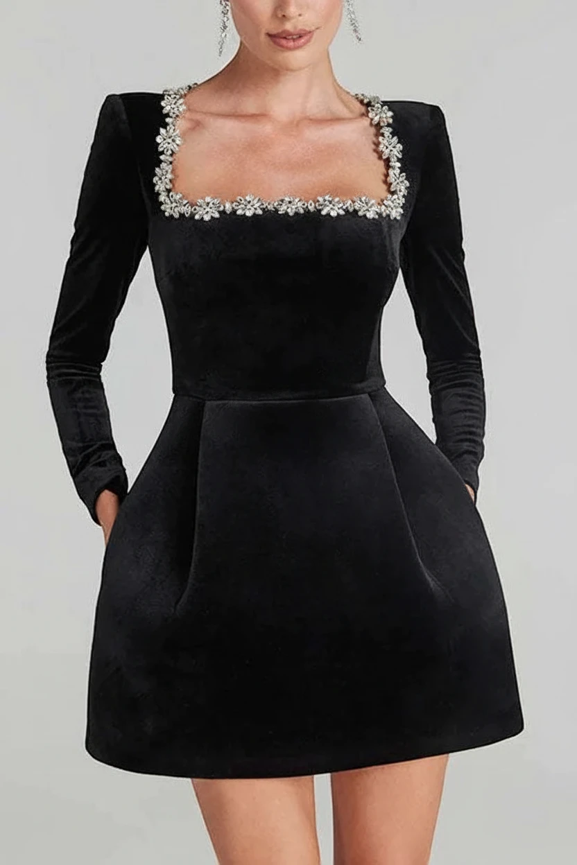 Women’s Long Sleeve Embellished Mini Cocktail Dress with Square Neck