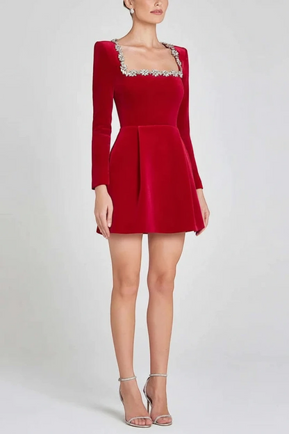 Women’s Long Sleeve Embellished Mini Cocktail Dress with Square Neck