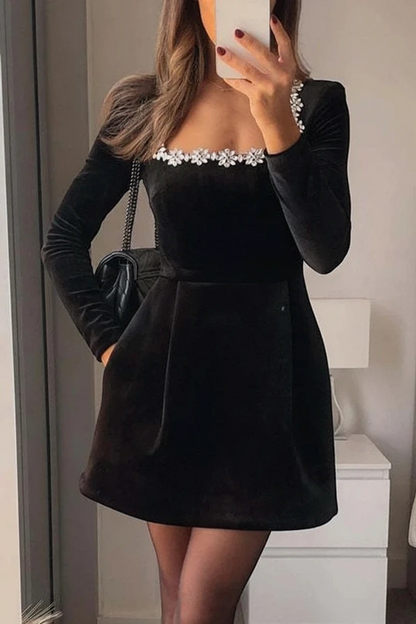 Women’s Long Sleeve Embellished Mini Cocktail Dress with Square Neck