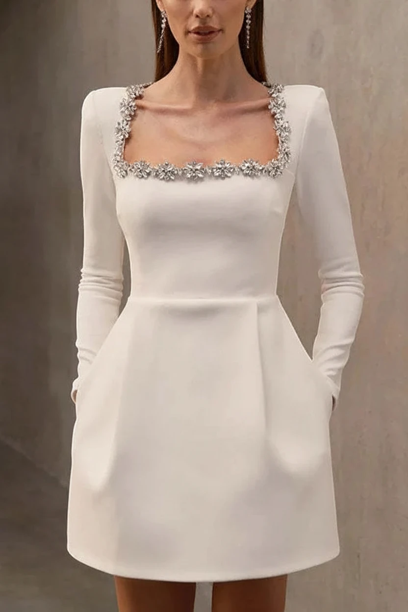 Women’s Long Sleeve Embellished Mini Cocktail Dress with Square Neck